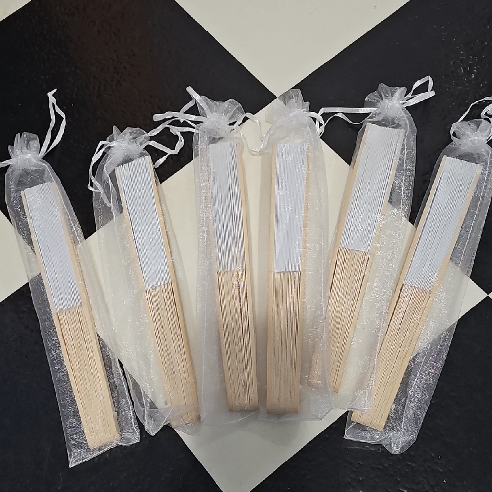 New Elegant White and Tan Hand Fans - Set of 6 Wedding Summer